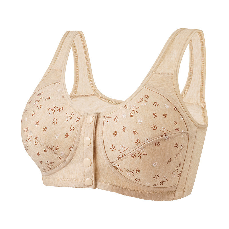 Printed wireless bra with wide straps, front button closure, beige floral pattern