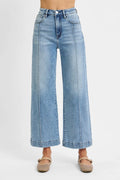Light-wash high-rise crop jeans with wide legs, button fly, front pockets