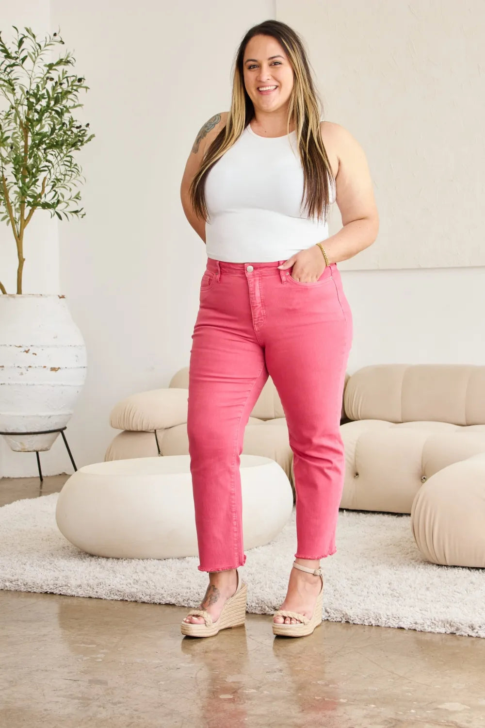 Trendsi Sunkissed pink high-waist raw-hem jeans, fitted through the legs