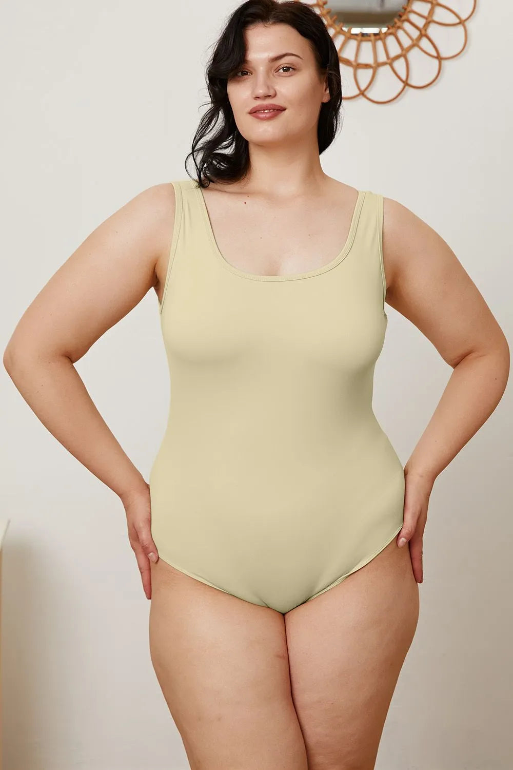Square-neck sleeveless bodysuit, olive, full body front