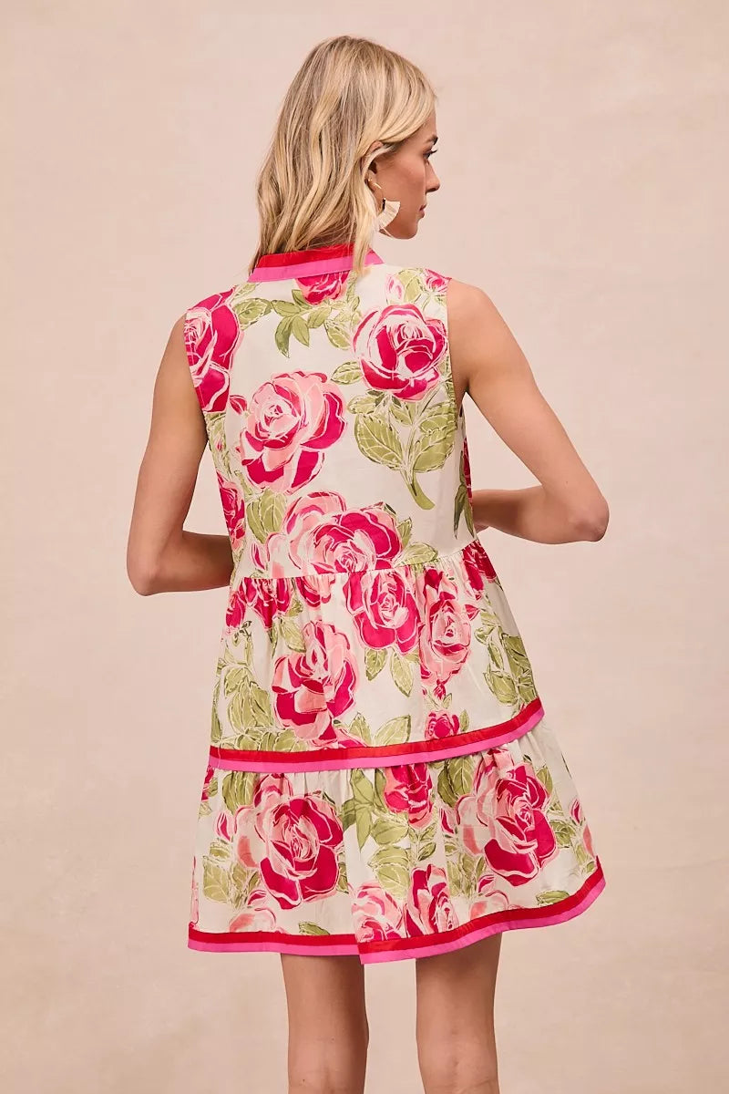 Coral floral tiered ruffle mini dress, contrast trim, sleeveless high neck back view