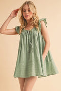 Pistachio cotton mini tunic dress, ruffled cap sleeves, square neckline, gathered bodice