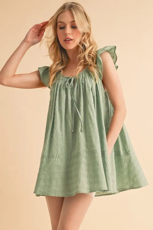 Pistachio cotton mini tunic dress, ruffled cap sleeves, square neckline, gathered bodice