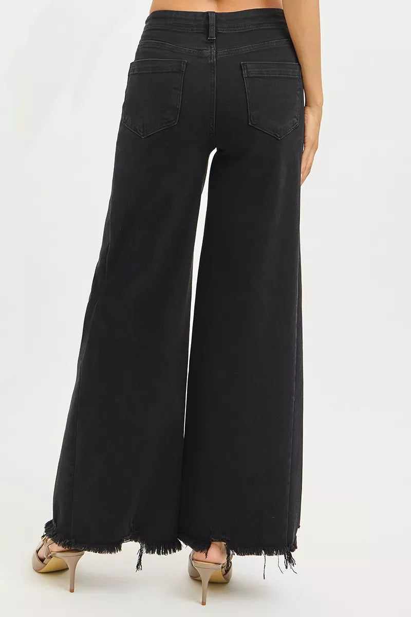 Black high-rise palazzo jeans with front pockets and frayed hem