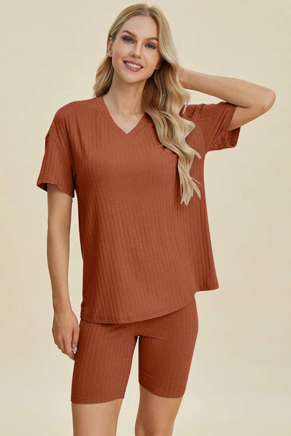 Rust brown ribbed V-neck short-sleeve top and matching biker shorts set