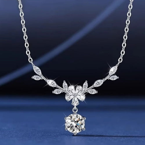 1 carat moissanite leaf flower necklace, 925 sterling silver round solitaire pendant