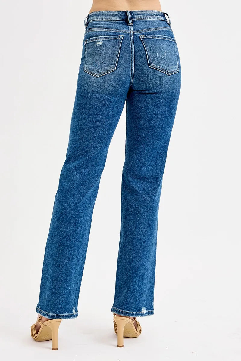 Dark high-rise straight jeans, back view with belt loops, back yoke and distressed legs