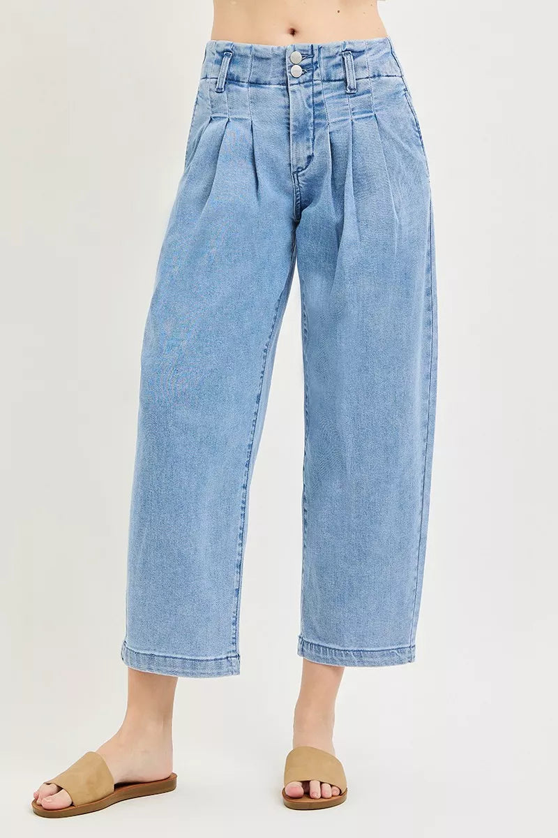 RISEN slouchy crop barrel pleated jeans, medium wash blue with button front