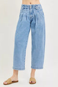 RISEN slouchy crop barrel pleated jeans, medium wash blue with button front