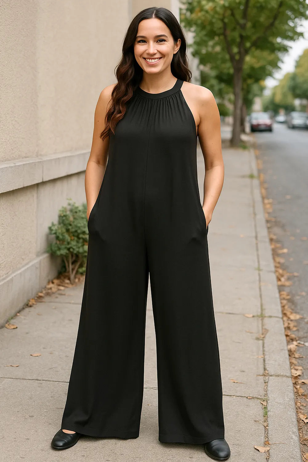 Double Take sleeveless jumpsuit, black wide-leg with high neckline and gathered bodice