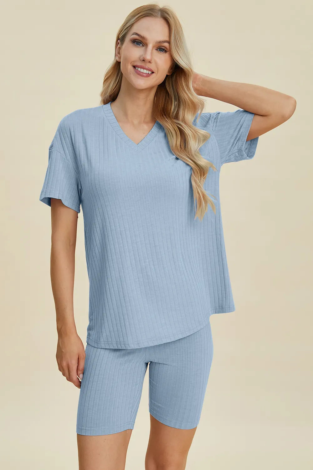Ribbed v-neck short sleeve top with matching shorts set, light blue, relaxed fit