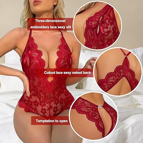 Red lace teddy bodysuit with cutout open back and bow-front detail