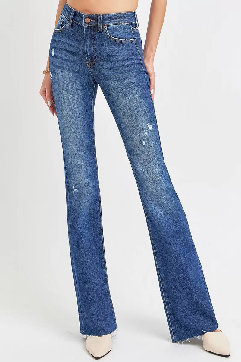 Dunkelblaue Mid-Rise Flare-Jeans, Destroyed-Look an den Knien, Plus-Size