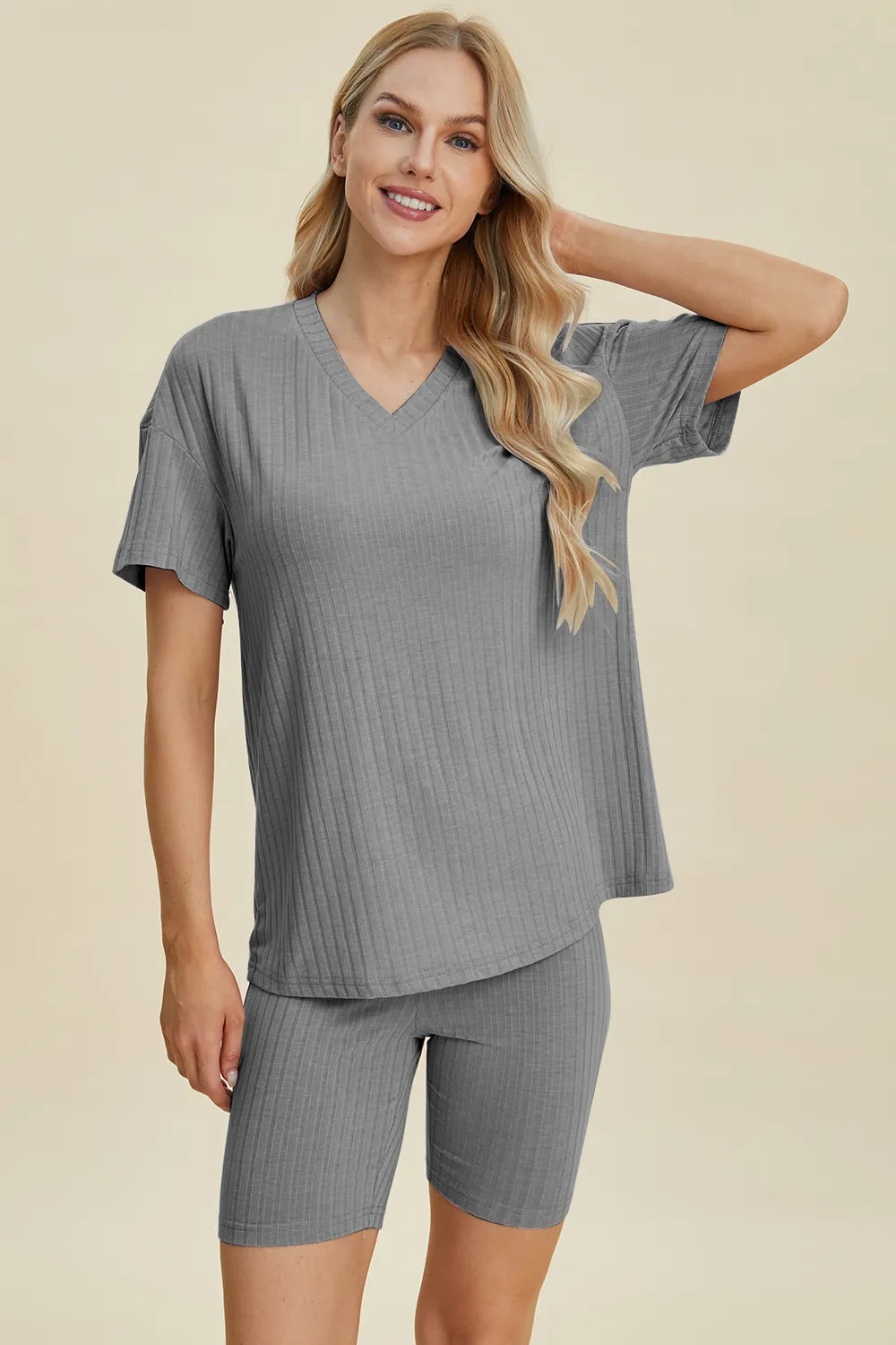 Gray ribbed V-neck short sleeve top and matching biker shorts set, front view