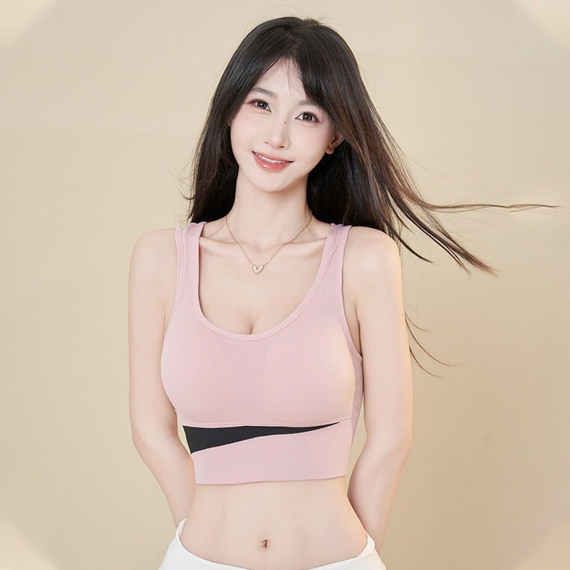 Blush pink wire-free sports bra vest with scoop neckline and wide underband