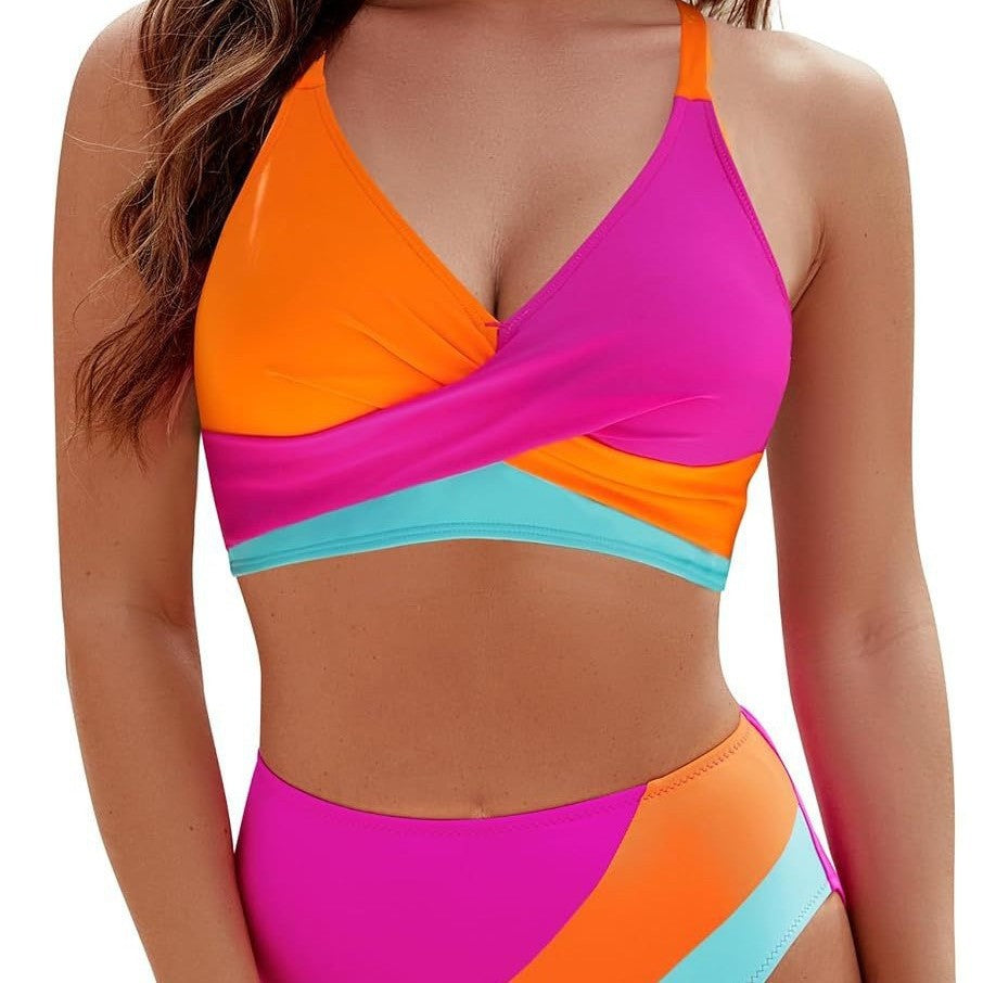 Orange and pink colorblock cross-strap bralette with matching bikini bottom set