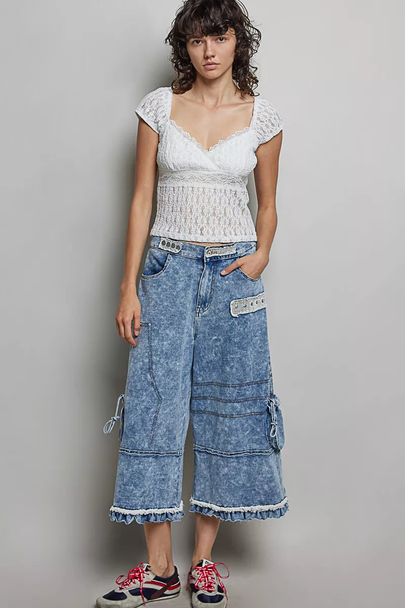 Off-white lace short-sleeve top with sweetheart neckline and textured waist panel