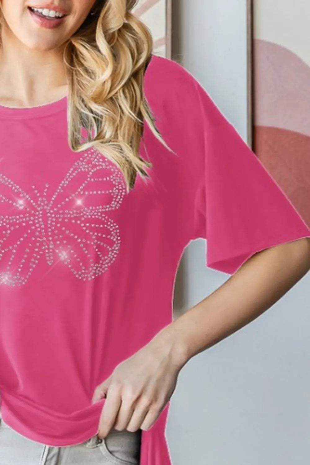 Hot pink short-sleeve T-shirt with rhinestone butterfly, relaxed fit