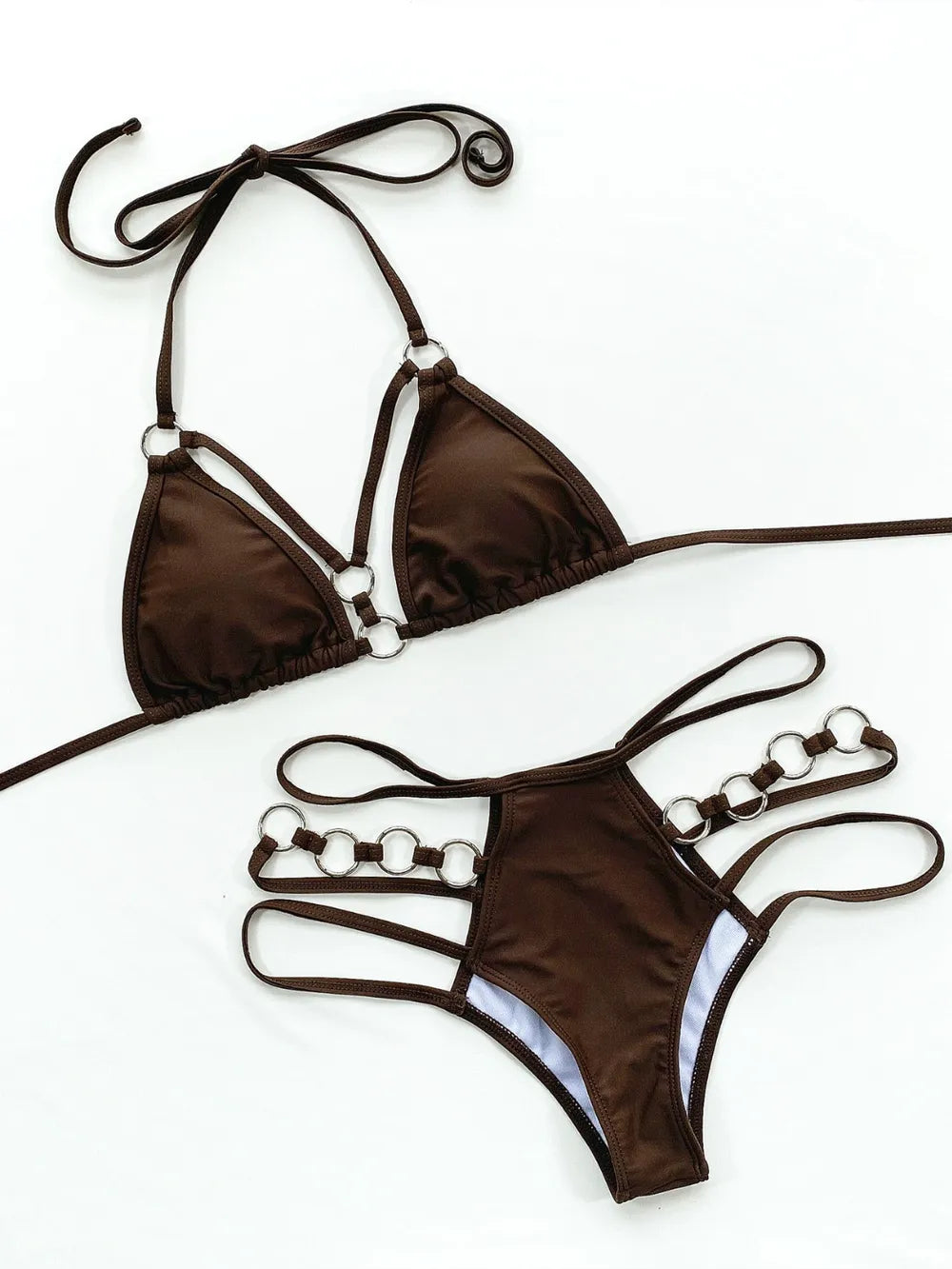 Chocolate two-piece bikini set with halter triangle top and high-cut bottom