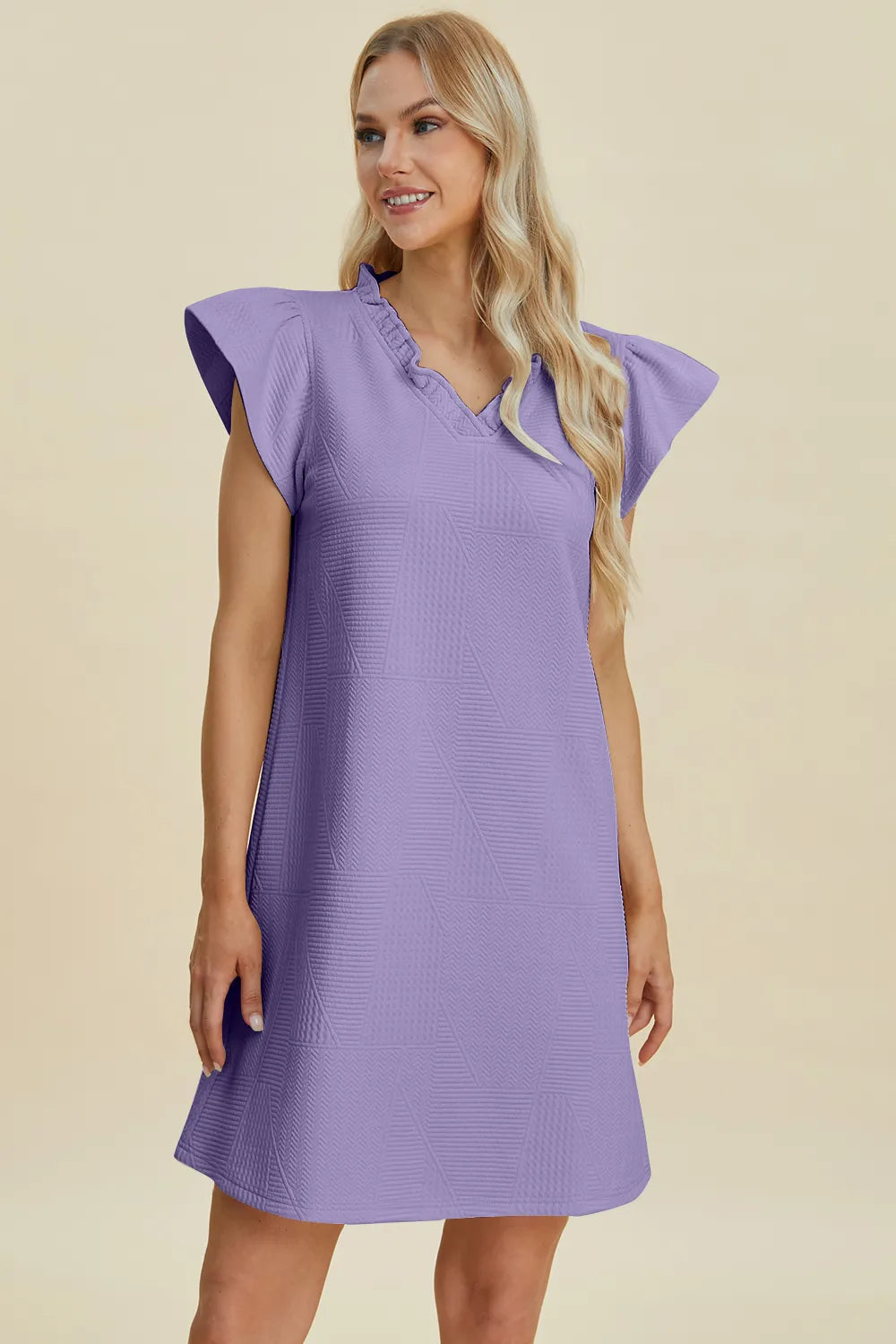 Lavender ruffled V-neck cap sleeve dress, front view with ruffle neckline