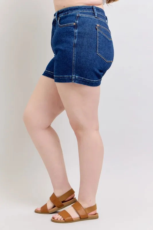 Dunkelblaue High-Waist Denim-Shorts (Plus-Size), Rückansicht von der Seite
