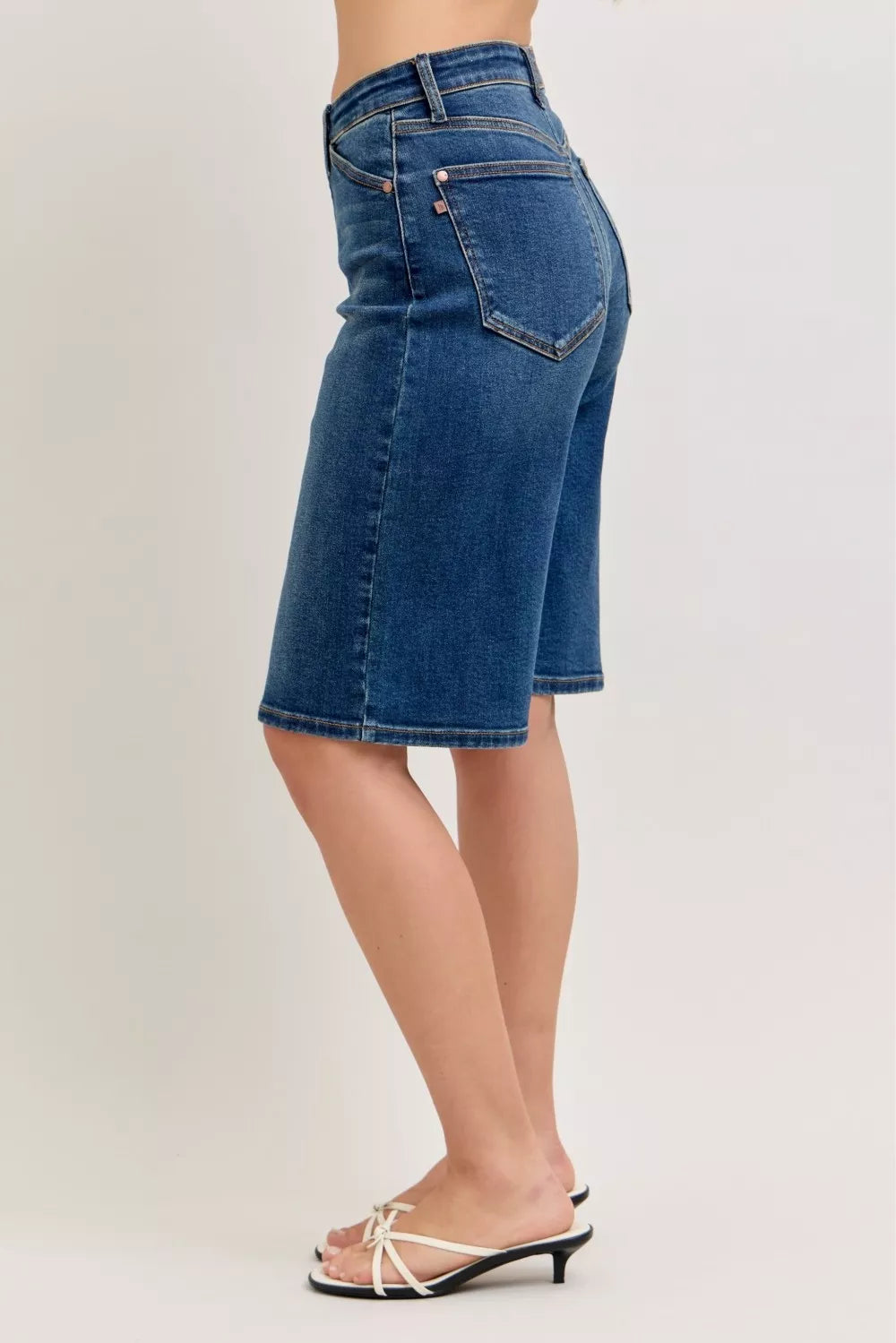 High-waist denim bermuda shorts, dark DK wash, back patch pocket detail