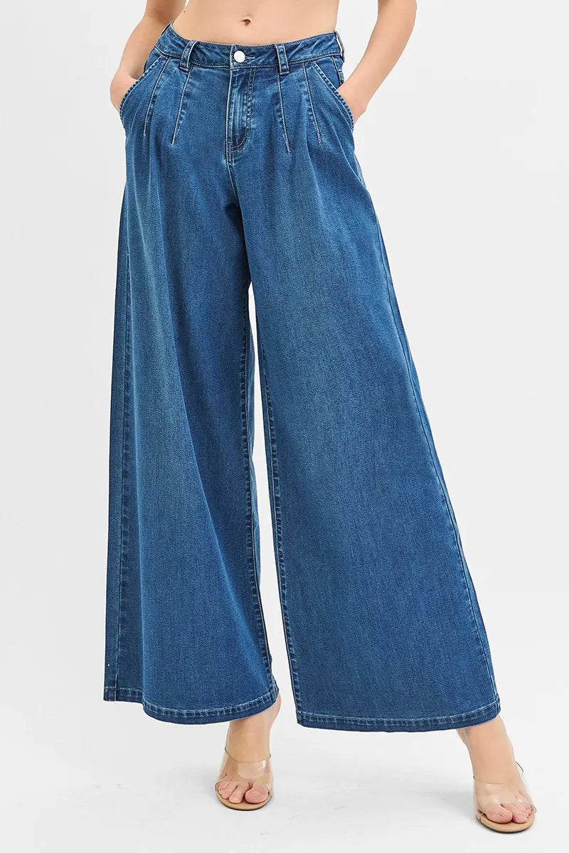 Mid-rise wide-leg jeans, medium-wash denim-look with front pleats and button closure