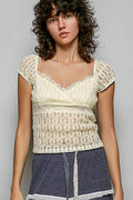 Natural lace sweetheart-neck short-sleeve peplum top with scalloped trim and texture