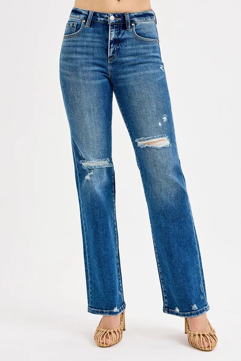 Dark high-rise straight jeans with tummy control, distressed rips and light whiskering