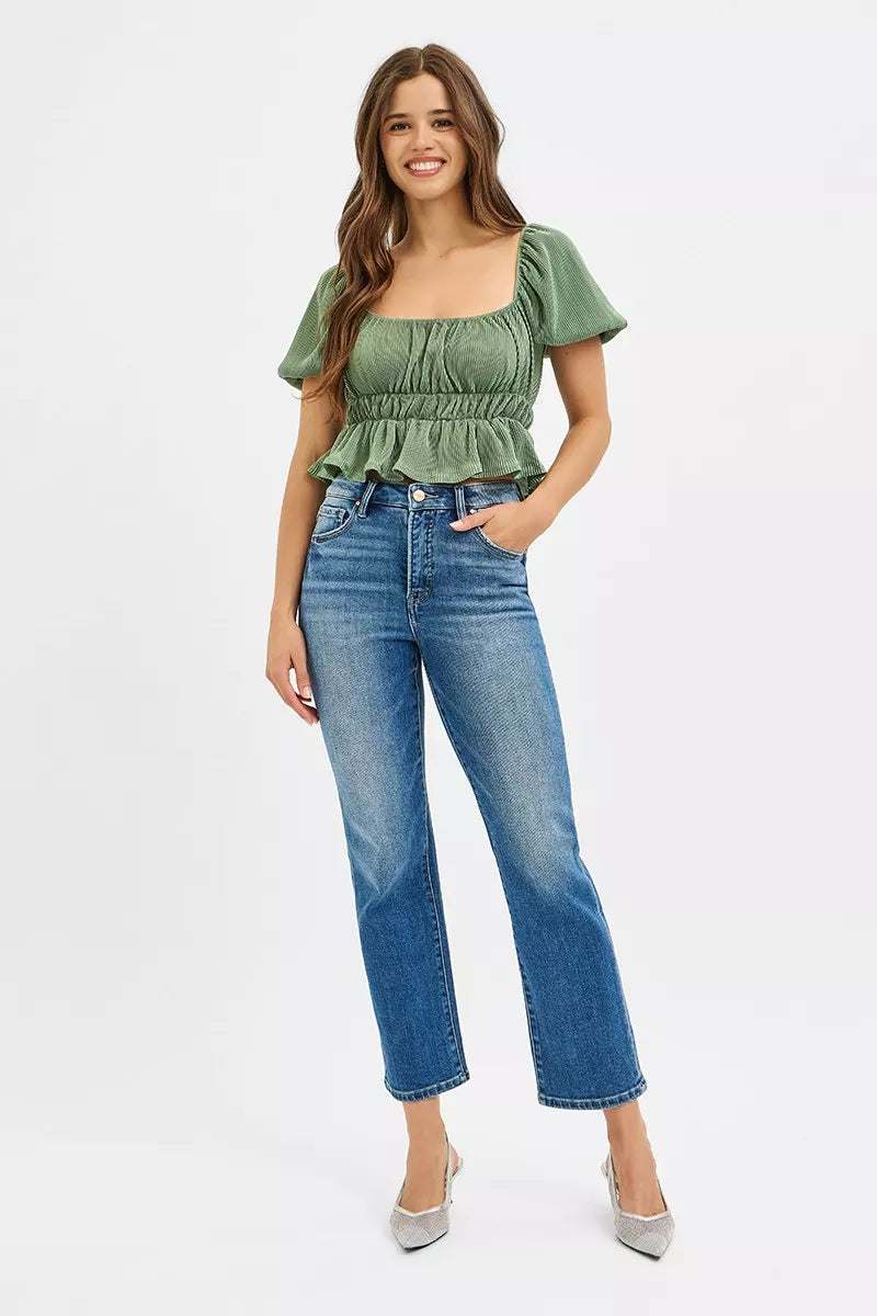 Medium-wash straight high-rise crop jeans, cuffed hem and classic 5-pocket design