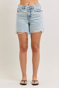 High-waisted light wash rigid denim dad shorts with distressed hem and front pockets