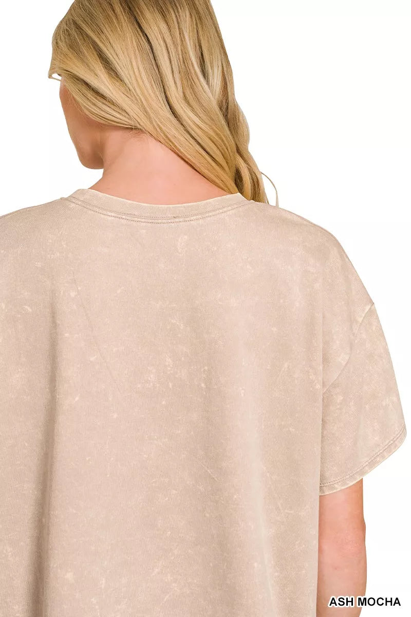 Close-up back view of acid-washed ASH MOCHA relaxed tee