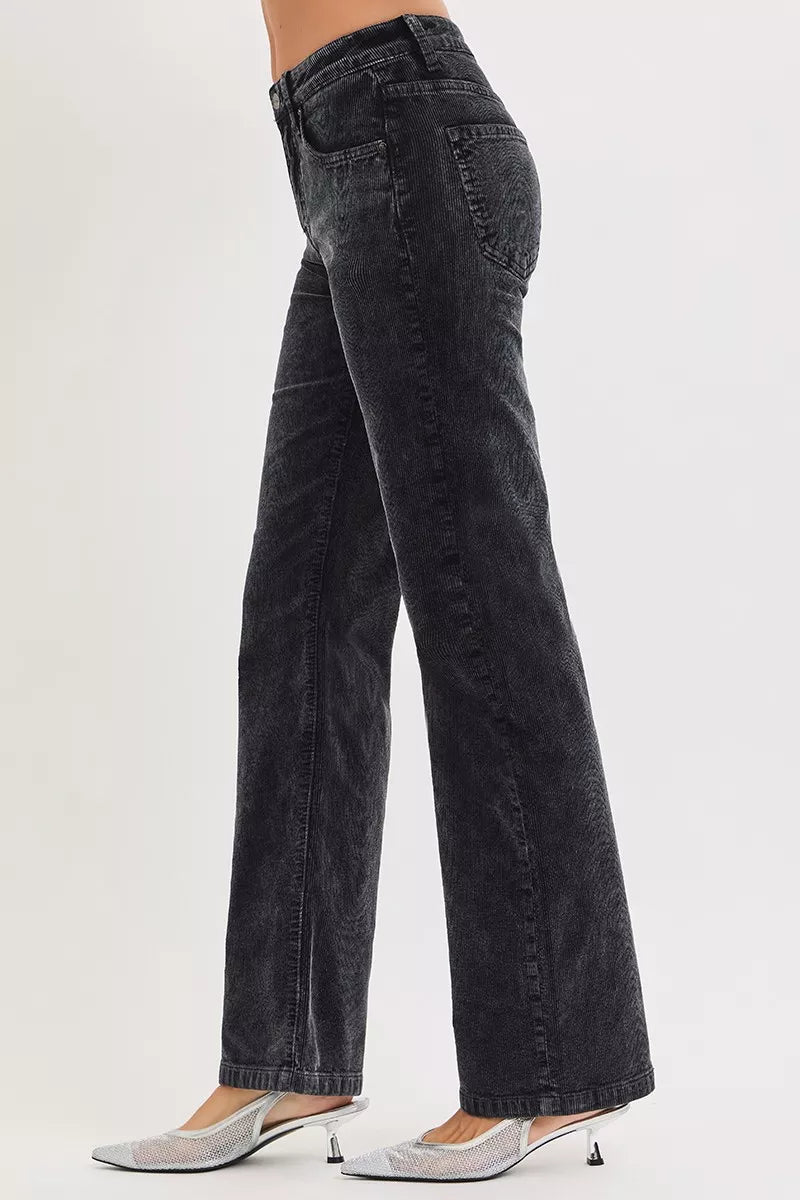 Midnight corduroy straight-leg pants, mid-rise, side seam and belt loops