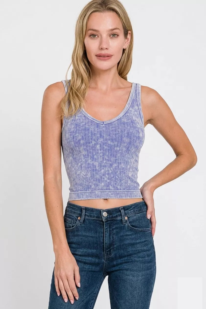 Washed ribbed seamless cropped V-neck tank top in LT indigo, front view