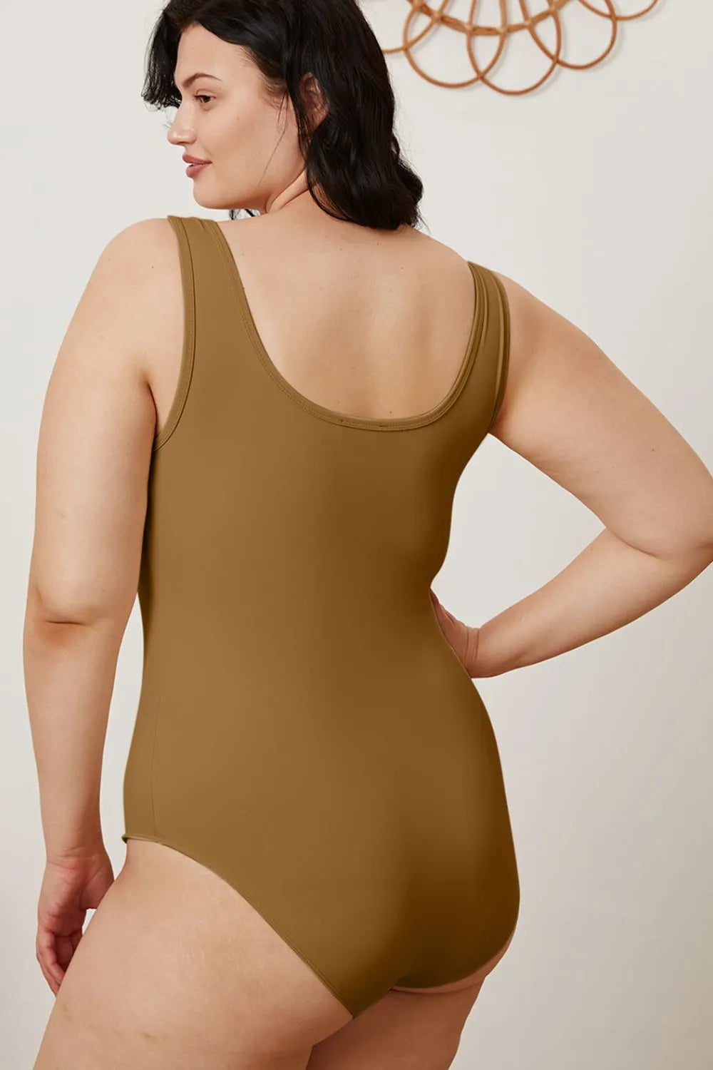 Camel square-neck sleeveless bodysuit, back view showing high-cut coverage