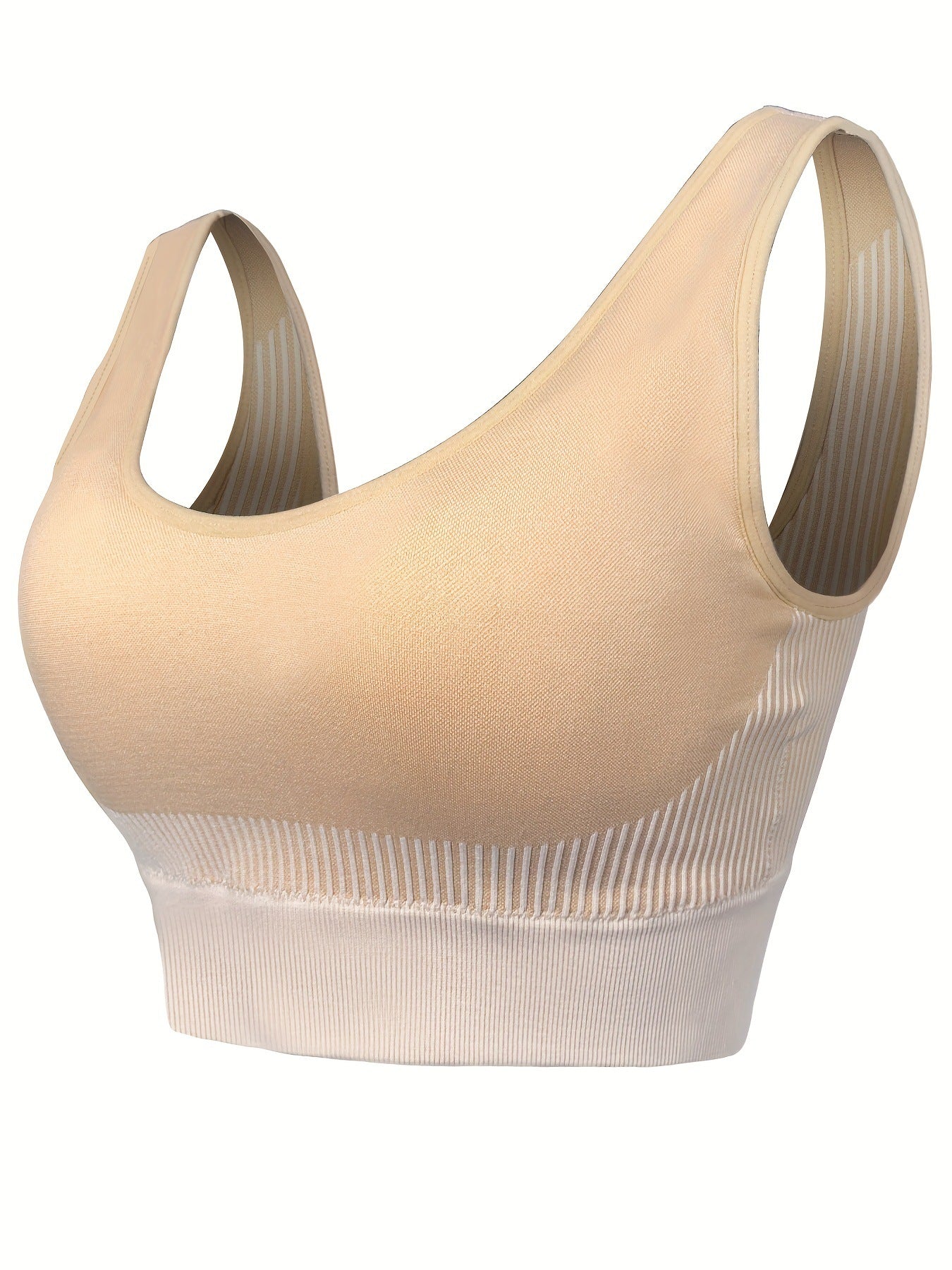 Seamless sports bra set, beige neutral bras with ribbed knit texture and racerback straps