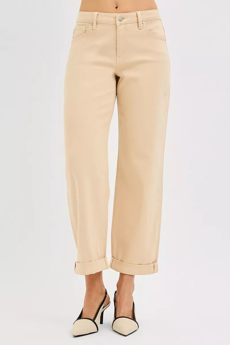 Butter milk mid-rise barrel relaxed jeans with cuffed hems and belt loops