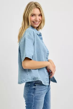 Trendsi light-wash oversized cropped denim shirt, short sleeves, front button closure