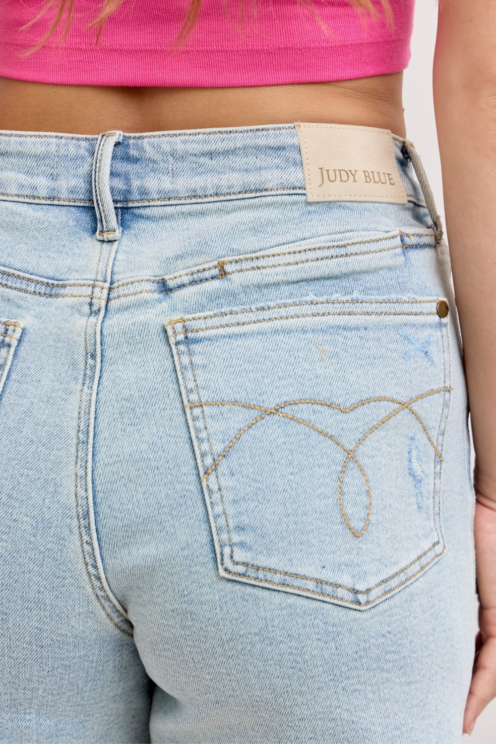 Judy Blue light wash high-waisted denim shorts with heart back pocket embroidery