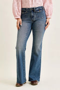Judy Blue Mid-Rise Flare Jeans with front flap pockets, dark wash denim
