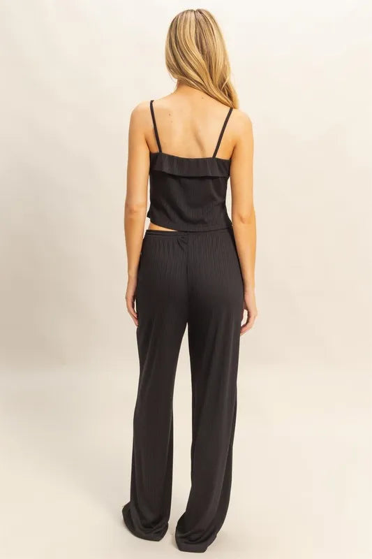 Black cami crop top and wide-leg pants set, open-back spaghetti straps