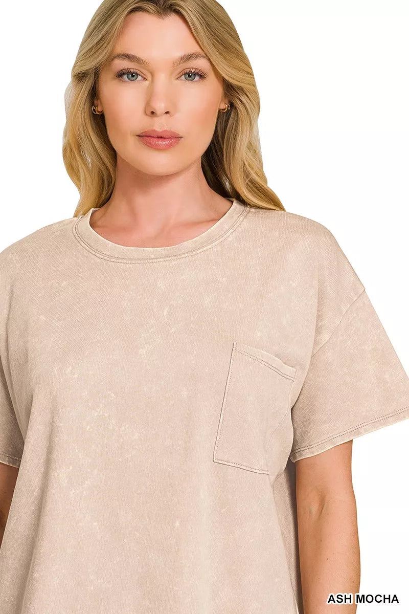 Close-up of ASH MOCHA acid-washed relaxed tee neckline and chest pocket