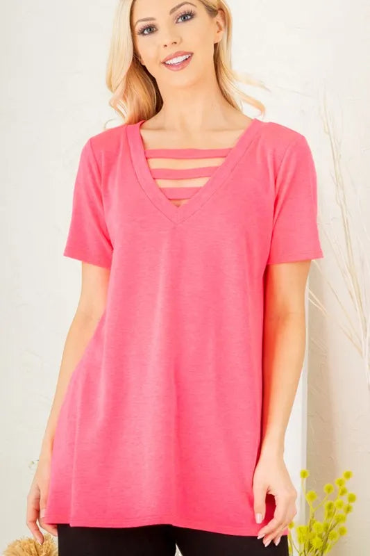 Neon pink V-neck short-sleeve T-shirt with straight front and soft drape hem
