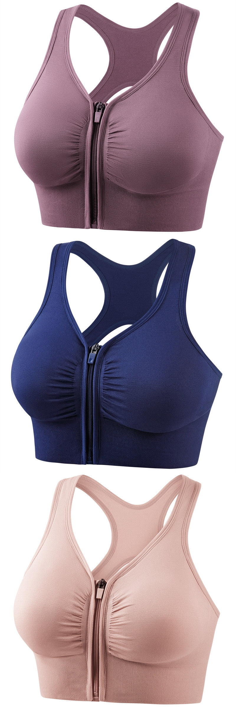 Plus size sports bra set: zip front, racerback cutout in mauve, navy, and blush pink