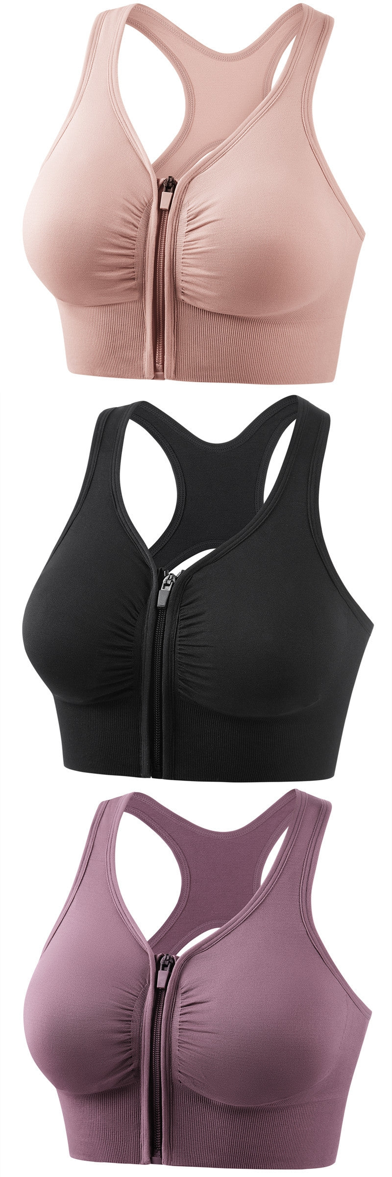 Plus size sports bra set: zip front, racerback cutout in blush pink, black, and mauve