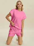 Pink textured T-shirt and shorts set, crew neck tee with matching drawstring waist shorts