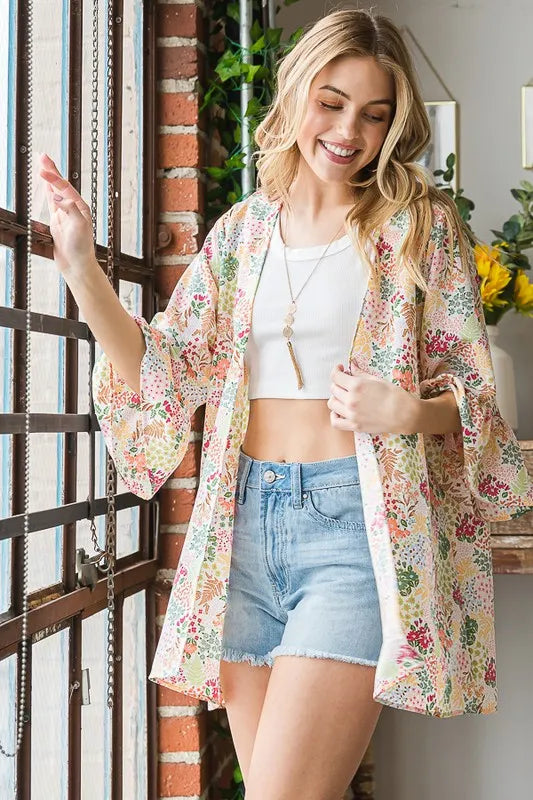 Ivory multi floral open cardigan, plus size; flowing 3/4 sleeves and open front