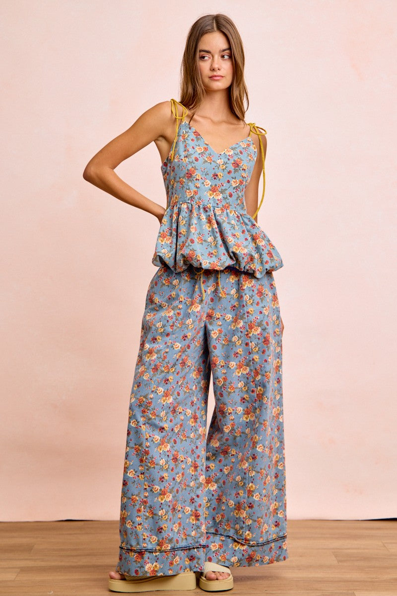 Denim-blue floral wide pants with drawstring waist and flowy wide legs, ankle length