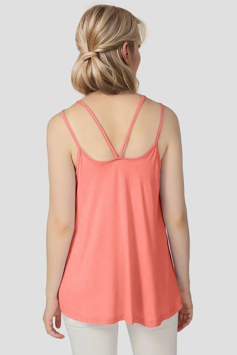 Burnt coral cami racerback with double spaghetti straps, scoop neck, back view.