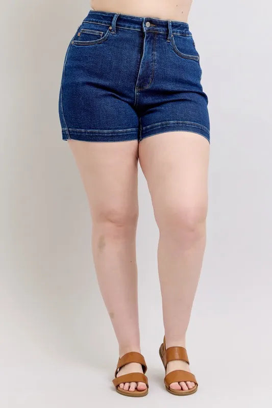 Dunkelblaue High-Waist Denim-Shorts (Plus-Size) mit Knopf und Reißverschluss